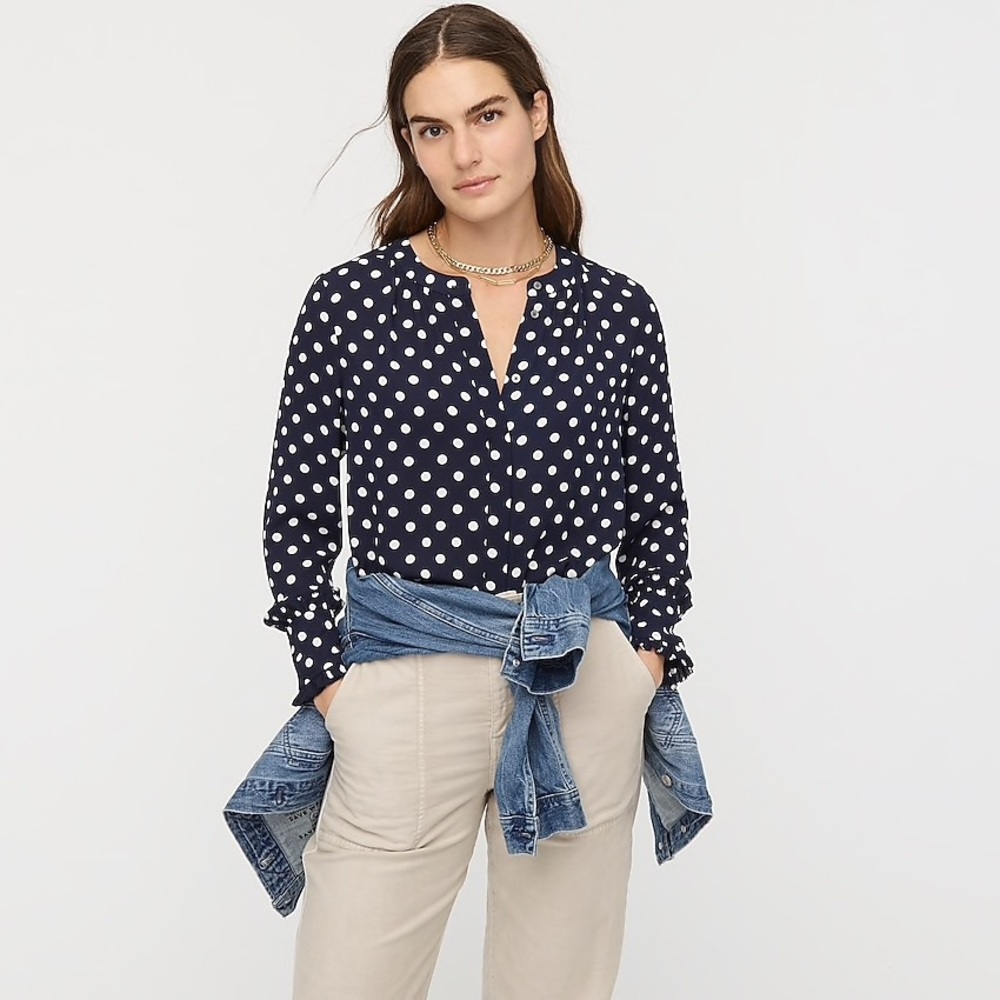 NWT J. Crew Navy and White Polka Dot Band-Collar Top with Lovely Detail at Cuffs
